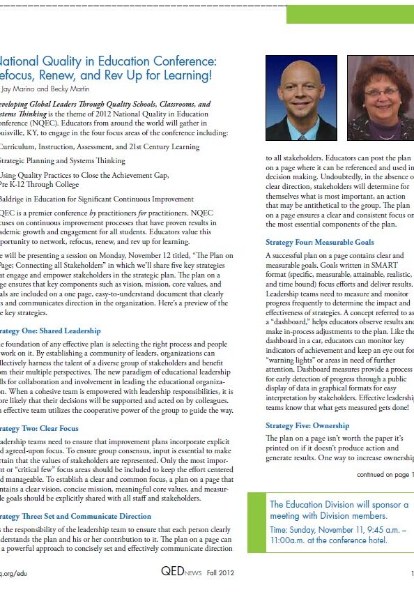 National Quality in Education conference article page