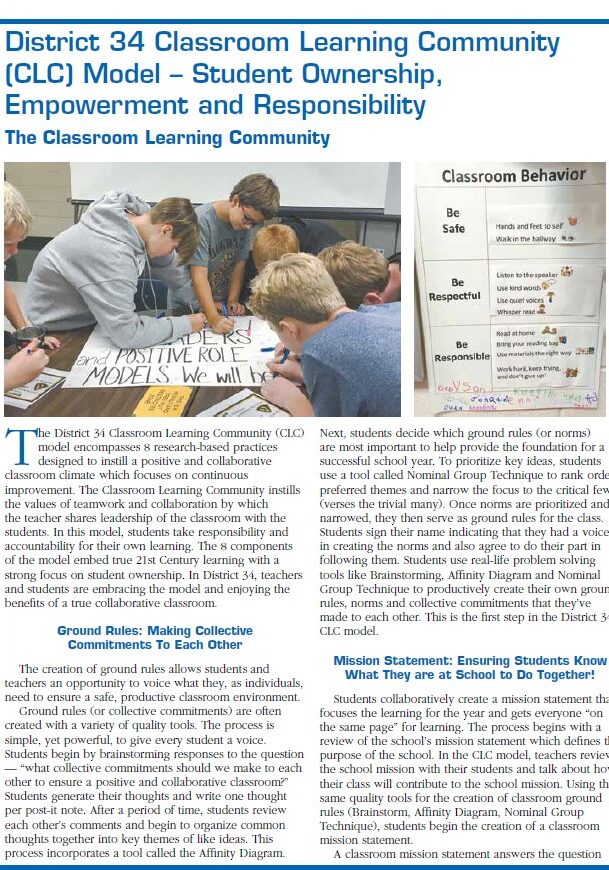 Students collaborating around table with behavior poster
