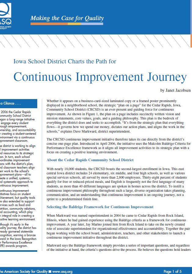 ASQ report cover: Iowa continuous improvement journey