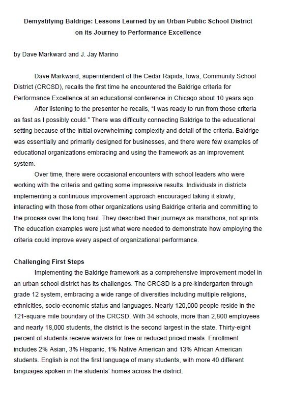 Document page about Baldrige school performance